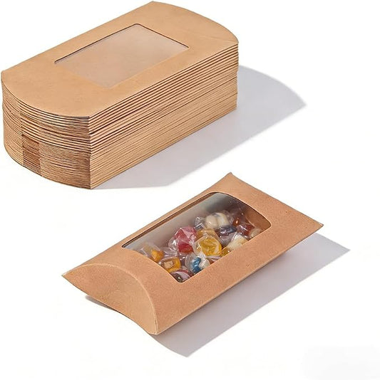 ZAJINJABD 50 Pcs Kraft Pillow Gift Boxes with Clear Windows, Sturdy Mini Folding Treat Boxes for Candy, Bakery, Chocolate, Jewelry, Wedding Party Favors