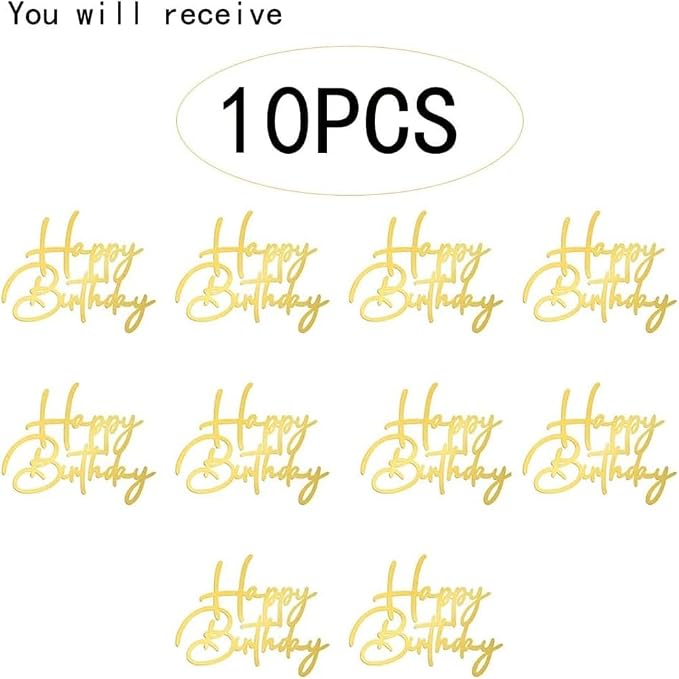 10pcs Side Happy Birthday Cake Topper Gold Acrylic Birthday Cupcake Topper for Kids Birthday Party Cake Decorations (I)