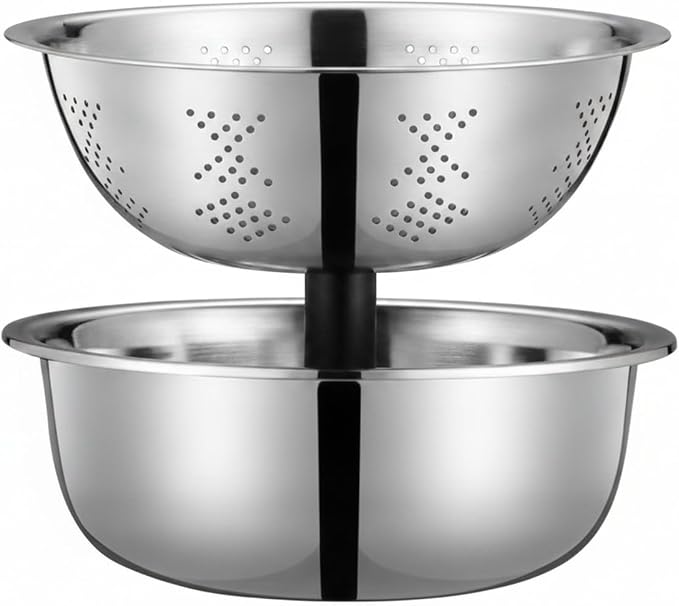 2-Piece Stainless Steel Nested Bowl Set, Deep Basin for Washing Veggies, Draining Pasta, and Food Prep (Silver)