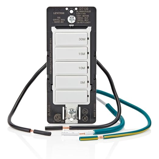 Leviton Countdown Timer Switch for bathroom fan and household lights, 5-10-15-30 min, No Neutral Required, Single Pole, 15A, 1/2 HP/9.8A Fan/Motor, DT130-1LW, White