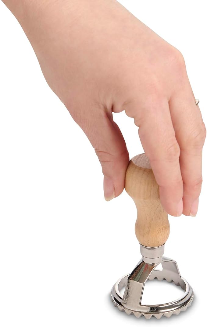 Fante’s Ravioli Maker Stamp With Wooden Handle, Fluted Round Shape, For Homemade Pasta, Cookies, Everyday Meals, And Holidays, 2-Inch