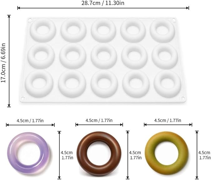 15 Cavity Mini Donut Ring Silicone Mousse Cake Mold, Round Hollow Circle Baking Mold, Non-Stick Food Grade Silicone Tray for Chocolate, Mousse, Ice Cream, Pudding, Dessert Pastry(White)