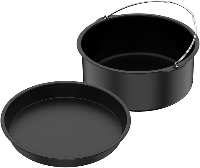 2Pcs Air Fryer Accessories, 8 Inch Air Fryer Pizza Cake Pan and Baking Cake Barrel Deep with Non-Stick Coating,Round Airfryer Baking Cake Pan Accessory Set