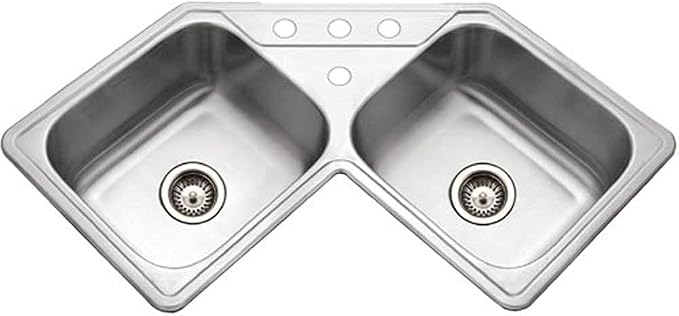 Houzer Legend Stainless Steel Kitchen Sink: 32 Inch Drop-in Topmount 4-Hole 50/50 Double Bowl Corner Kitchen Sink with Strainer, Durable & Versatile, Essential for Home & Apartment: LCR-3221-1