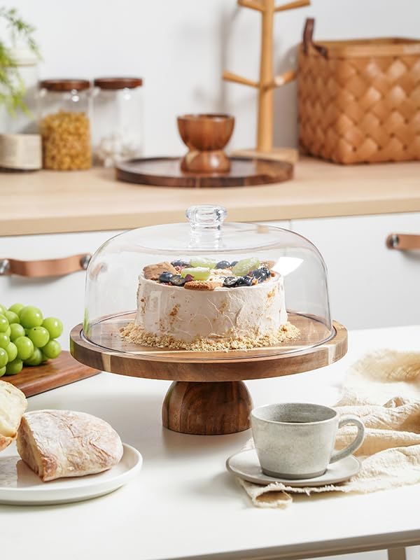 Kanwone Acacia Wood Cake Stand with Acrylic Lid - 12in Cake Plate, Multi-Functional Dessert Table Display Set, Charcuterie Board, Cake Holder with Dome, Detachable Design