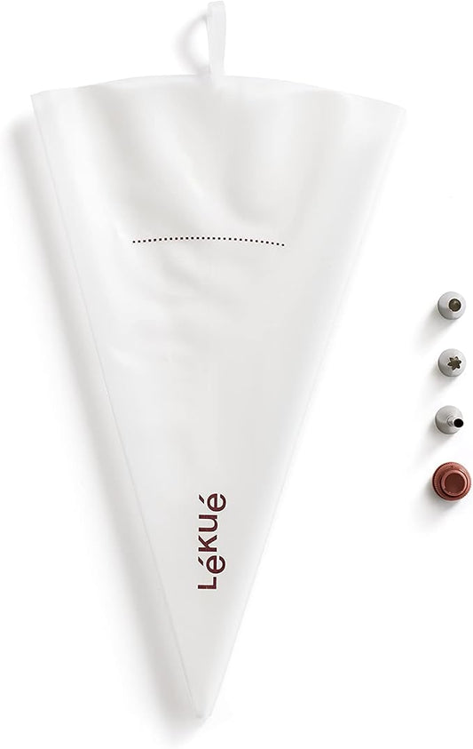 Lékué Reusable Piping Bag Set with 3 Nozzles | 5 piece Cake Decorating Kit: x 2 Piping Bags + 3 Standard Stainless Steel Nozzles & Coupler | Screw-on Tips for no Leaks | Dishwasher Safe