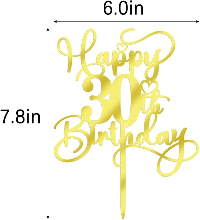 Happy 30th Birthday Cake Topper，Mirrored Gold Acrylic Birthday Topper for Cheers to 30 Years Birthday/Anniversary Party Decoration Ideas, Perfect Keepsake for your family and friends(30th)