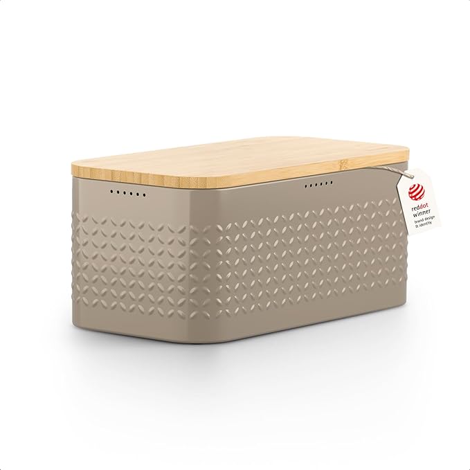 LARS NYSØM Bread Box I Metal bread box for long lasting freshness with non-slip pads I Baked goods Bin with bamboo lid usable as cutting board I 13.6x7.3x6.2in (Taupe Brown)