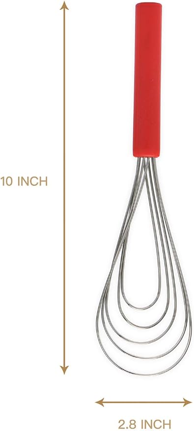 Flat Whisk Silicone Handle Non Slip 10" - 5 Wires Whisk with 10 Heads for Kitchen Cooking Color Red by Jell-Cell