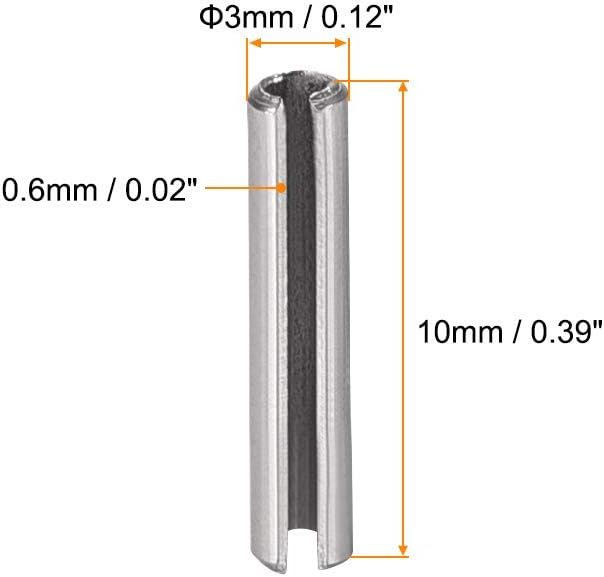 uxcell Slotted Spring Pin - M3 x 10mm 304 Stainless Steel Split Spring Roll Dowel Pins Plain Finish 20Pcs