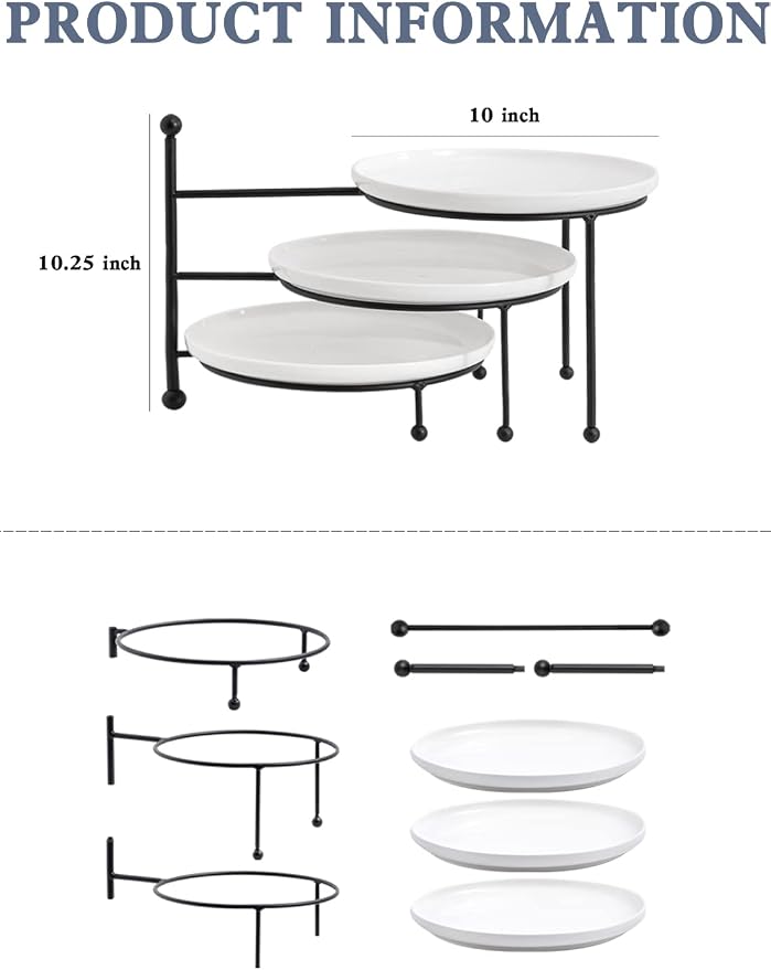 Kanwone 3 Tiered Serving Stand with White Porcelain Plates, 10" Round Tray, Dessert Table Display Set, Black Metal Stand, Versatile & Durable