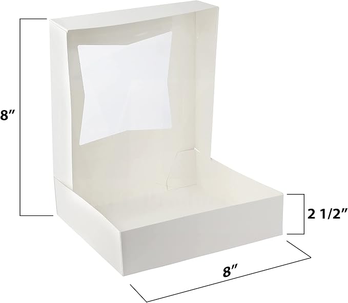 MT Products White Cookie Box 8" x 8" x 2.5" - Auto Pop-Up Bakery Boxes with Window (Pack of 15) - Made in USA