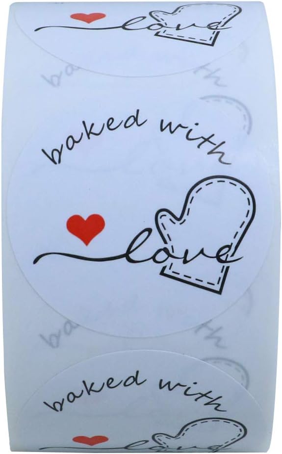 Hybsk Rustic Baked with Love Stickers with Wreath Around 1.5" Inch Round Total 500 Adhesive Labels Per Roll(Glossy)
