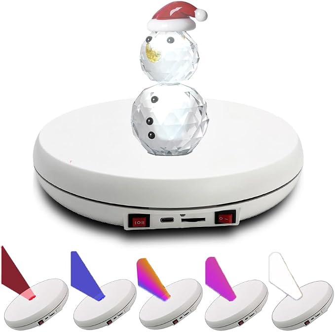 JAYEGT Multicolor LED Light Motorized Rotating Display Stand , 10 inch /55lbs Load, 360° Electronic Photography Turntable for Product Shows, Jewelry, Crystal Art (White / 5 Colors Light / Wired)