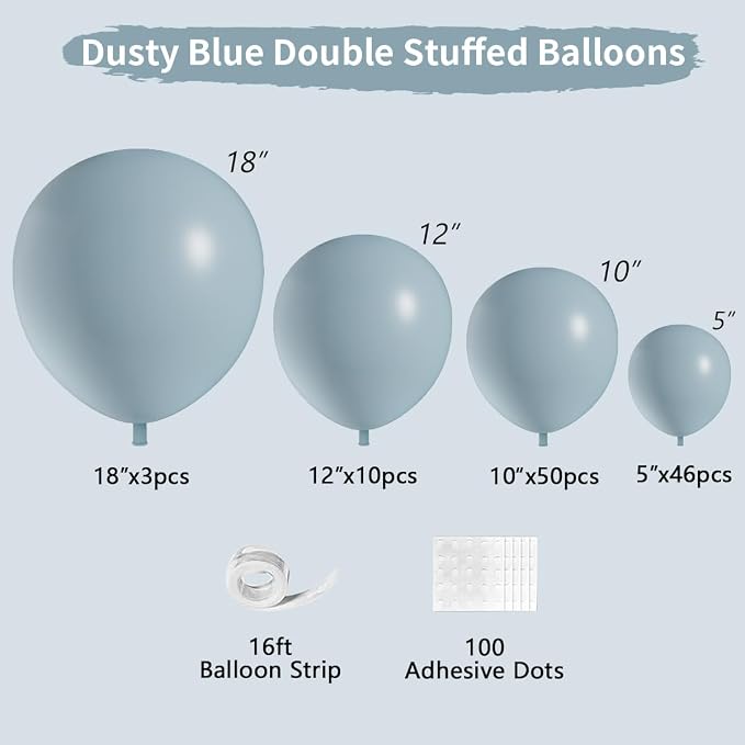 Dusty Blue Double Stuffed Balloons Different Size 115Pcs 5/10/12/18" Slate Dusty Blue Balloons Garland kit for Birthday Baby Shower Bridal Shower Gender Reveal Bear Neutral Theme Party