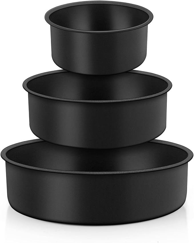 TeamFar Cake Pan, 4'' / 6''/ 8'' Round Baking Tier Pan Set, with Non-Stick Coating Stainless Steel Core, for Steaming Serving, Healthy & Heavy-Duty, Release Easily & Easy Clean, Set of 3, Black
