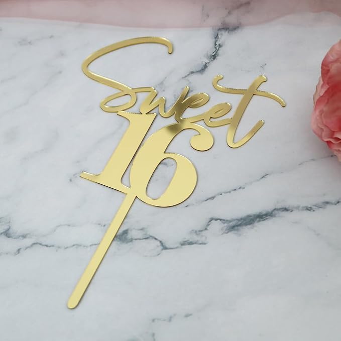Sweet 16 Cake Toppers Mirror acrylic gold | Happy Sweet Sixteen Birthday Party Cake Decor for Cheers to 16 Years Anniversary Party Decorations Supplies