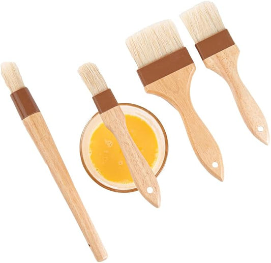 Pastry Tek Natural Wood Pastry / Basting Brush 4-Piece Set - with Boar Bristles - 1 count box