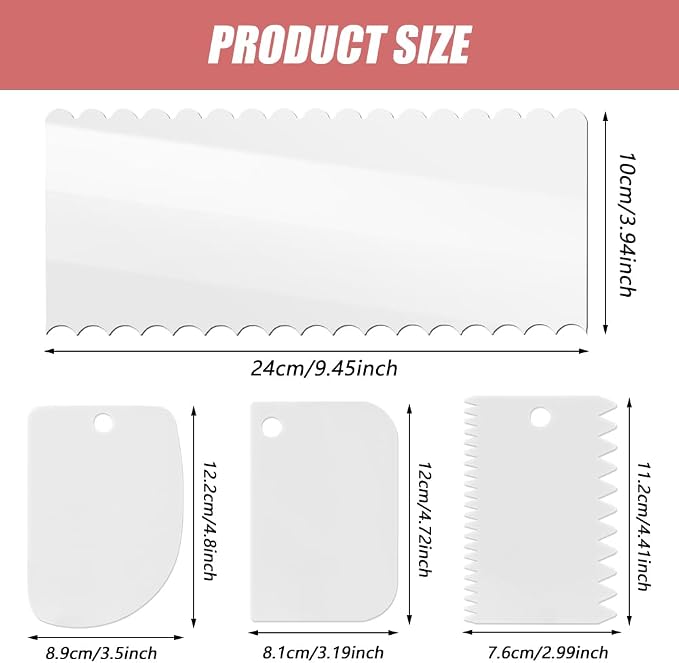 Cake Scraper Set 10 Piece, Icing Smoother and Frosting Comb Tools, 6 PP Scrapers + 4 Clear Acrylic Edge Combs, Sizes up to 9.45 x 3.94 in, for Buttercream Fondant Mousse