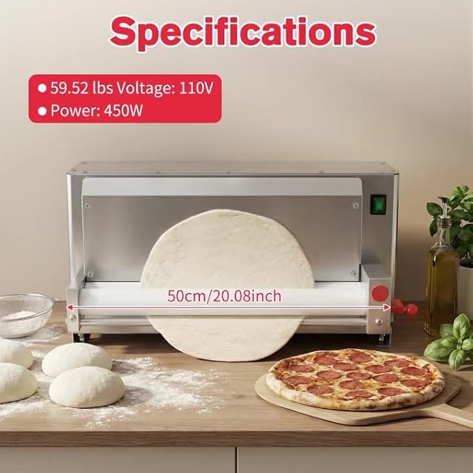 3-18 Inch Pizza Dough Roller Sheeter, 110V 450W Electric Stainless Steel Dough Roller Sheeter Commercial Automatic Pizza Press Making Rolling Machine with Adjustable Thickness for Bakeries Pizza Shop