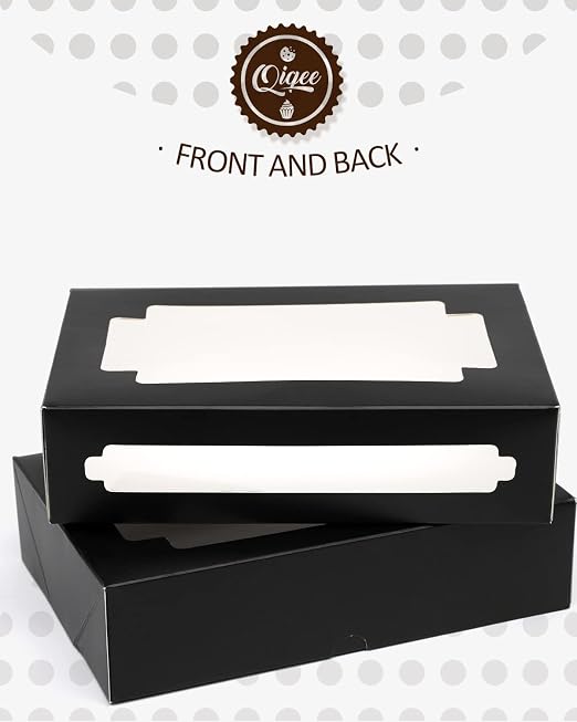 qiqee 50Packs Auto-pop Black Cookie Boxes for Gift Giving 8x5.3x2 inch Black One Second Fold Bakery Box with Window Treat Box for Donuts Candies and Biscuit