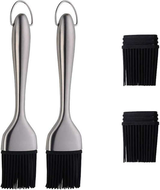2 Pack Grill Basting Brush with 2 Pack Back Up Silicone Brush Heads, No Shed Bristles Stainless Steel Handles Heatproof Rust Resistant, Pastry Brushes for Kitchen Cooking BBQ, Dishwasher Safe Silver
