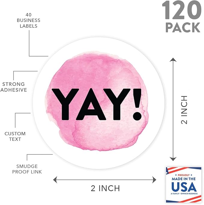 Andaz Press Round Small Business Sticker Labels, 120-Pack, Watercolor Pink Yay!, Packaging Stickers, Product Labels for Small Business Thank You Stickers, Company Stickers