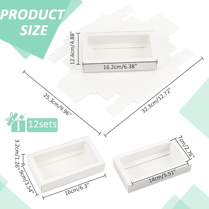 NBEADS 12 Pcs Rectangle Drawer Kraft Boxes, 5.5x2.7x1.26 Inch Gift Packaging Case Foldable Paper Drawer Boxes with Clear Plastic Cover for Party Favor Treats Candy and Jewelry Crafts, White