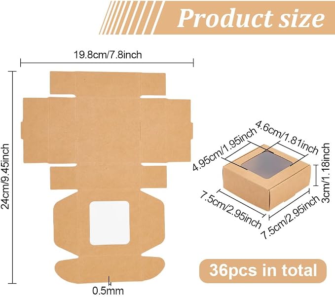 BENECREAT 36 Pack 3x3x1.2 Inch Brown Kraft Paper Gift Box with Clear Window for Multiple Occasions