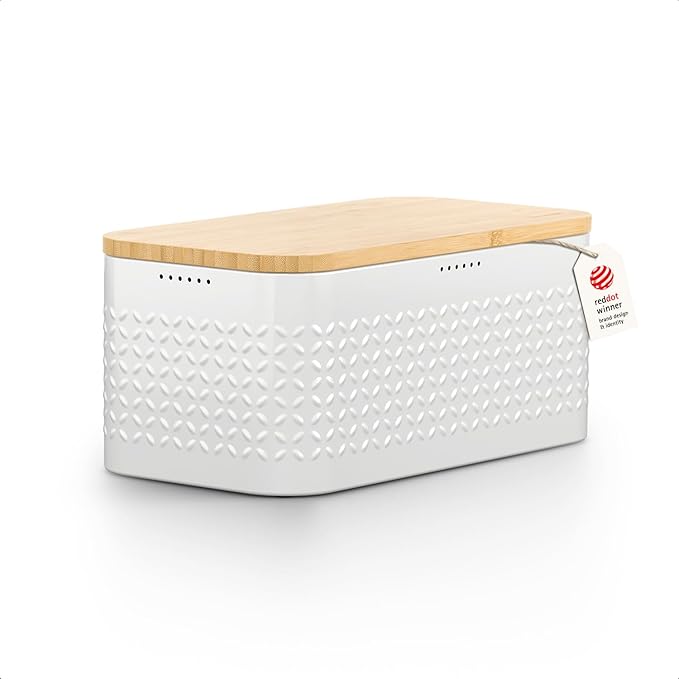LARS NYSØM Bread Box I Metal bread box for long lasting freshness with non-slip pads I Baked goods Bin with bamboo lid usable as cutting board I 13.6x7.3x6.2in (Pure White)