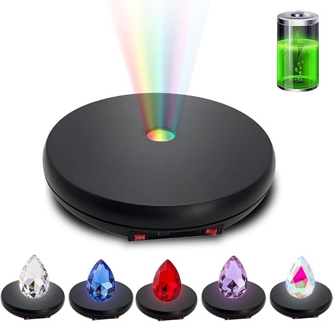 JAYEGT Multicolor LED Light Motorized Rotating Display Stand , 10 inch /55lbs Load, 360° Electronic Photography Turntable for Product Shows, Jewelry, Crystal Art (Black / 5 Colors Light / Rechargeable)