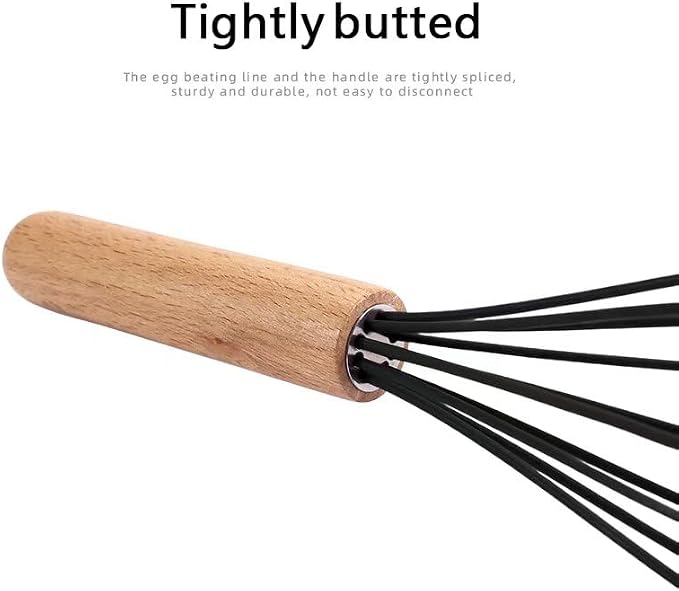 10 "Silicone Whisk with Wood Handle, suitable for mixing, stirring, stirring, cooking, baking, suitable for pancake batter, eggs, cake powder, mixing, gravy, and sauce (black)