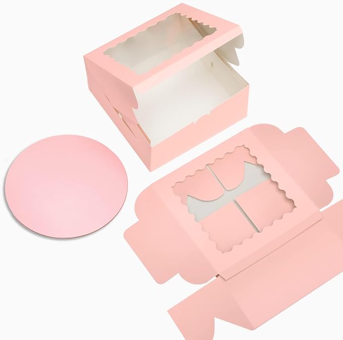 Bakepacker 36pcs 10x10x5 Inches Pink Cake Boxes with Window 18-Packs, 10 Inch Bakery Boxes (18 Cake Boxes +18 Cake Boards Included)