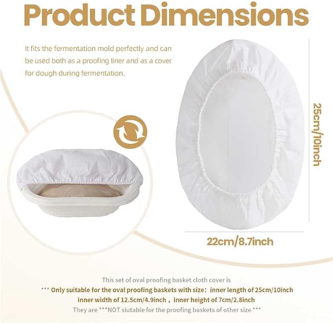 6-Pack Elastic Bread Proofing Basket Covers - Linen Cotton Liners for 10-Inch Oval Sourdough Bannetons, Non-Stick, Breathable Fermentation Cloth for Sourdough & Artisan Baking