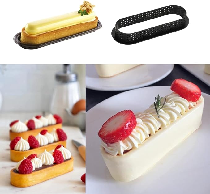 Round Tart Rings Tart Bottom Tower Cake Ring Mold Non Stick Perforated Tart Rings for Mousse Cheese Cake Muffin Pie Kitchen Baking Tart Molds (Oval)