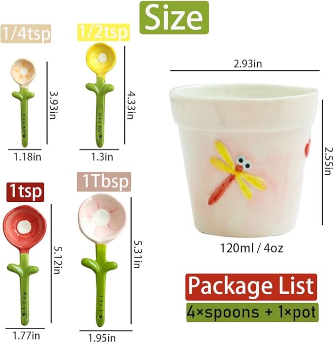 Flower Measuring Spoons Set in Pot Unique Baking Gifts Ceramic Cute Measuring Cups and Spoons with Holder for Dry Wet Ingredients Dishwasher Safe Pink