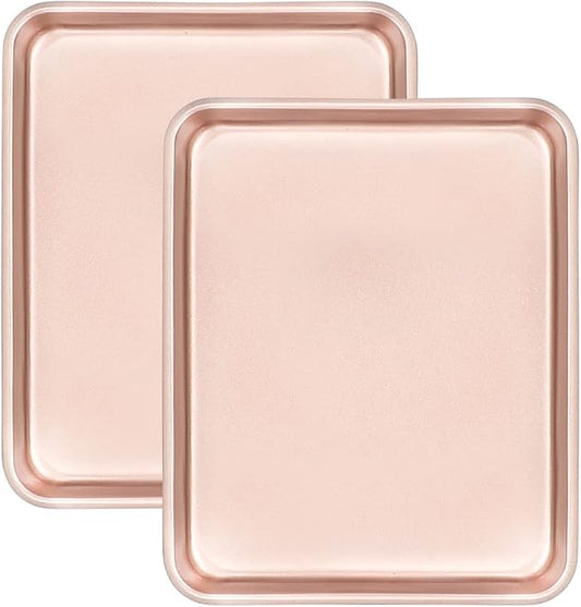 11" x 9" Baking Pans, Cookie Sheets Set of 2, Nonstick Toaster Oven Pan Set for Baking, Heavy Duty Carbon Steel Non-toxic Oven Replacement Cookie Tray for Kitchen Bakery, Gold
