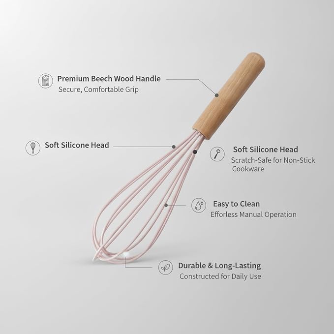 Manual Whisk with Silicone Head and Wood Handle for Coated Cookware (1 PC)