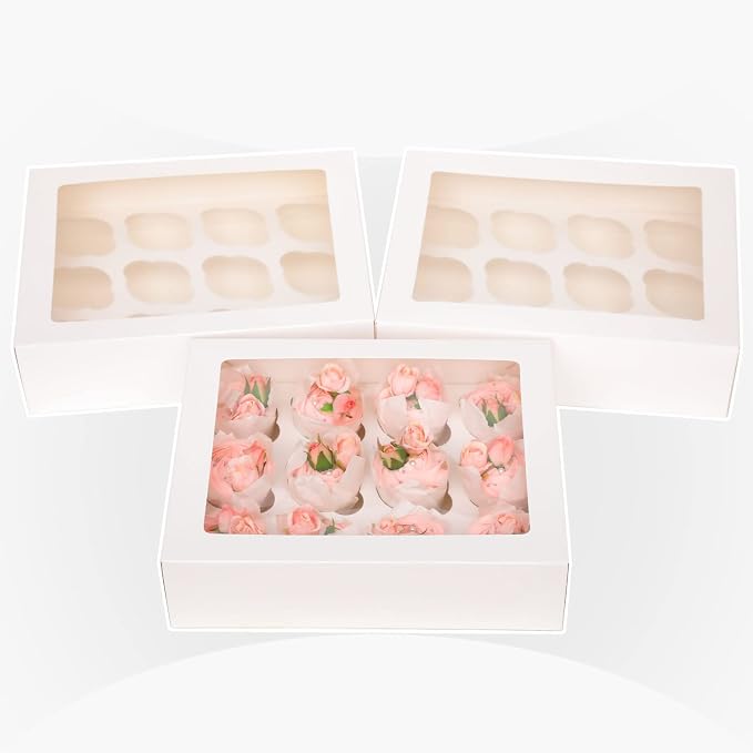 Bakepacker Auto-pop up 12 Cupcake Containers 6-Packs White Cupcakes Carrier, 12 Cupcake Boxes with Window 13"x10"x3.5"