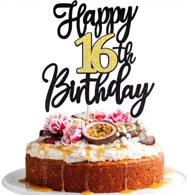 1 PCS Happy 16th Birthday Cake Topper Black Gold Glitter Cheers to 16 Years Birthday Cake Pick 16 Fabulous Cake Decoration for Happy 16th Birthday Anniversary Party Cake Decorations Supplies