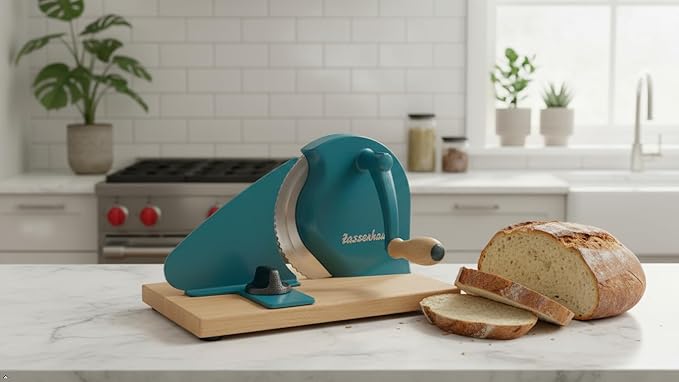 Zassenhaus Original Classic Adjustable Bread Slicer for Uniform Slices - Bread Slicer for Homemade Bread - 18/8 Stainless Steel Blade Sourdough Cutter-Water Blue 11.75" x 8"