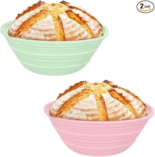 Banneton Bread Proofing Baskets,Silicone Sourdough Bread Baking Supplies, Bread Proofing Baskets for Sourdough, Round&Oval Collapsible Sourdough Baking Basket (Pink+Green(Round))