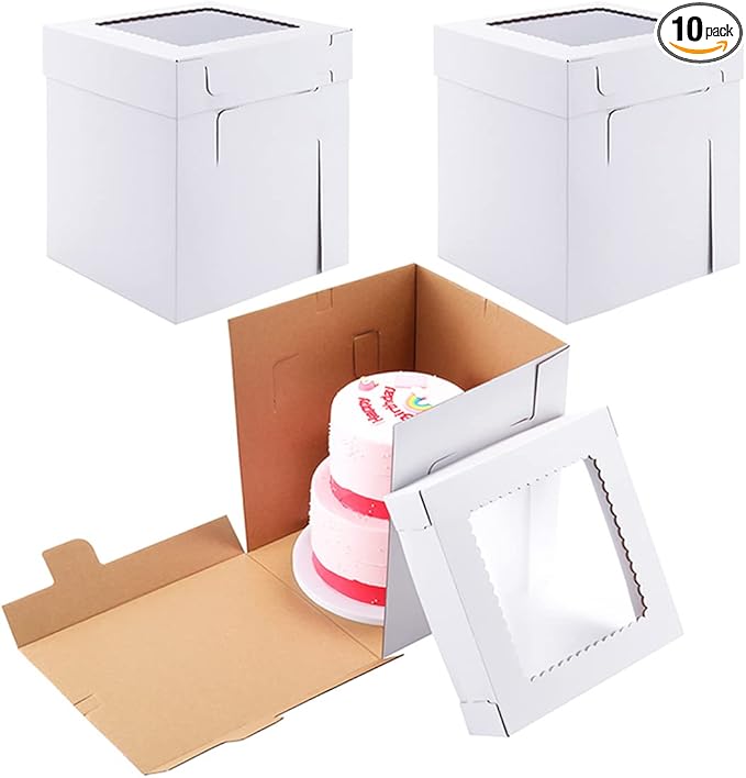 Tall Cake Boxes for Tier Cakes,10x10x12 Inch [10Pack ] Thick Sturdy Cake Box with Window,Layer Cake Carrier,Disposable Cake Containers