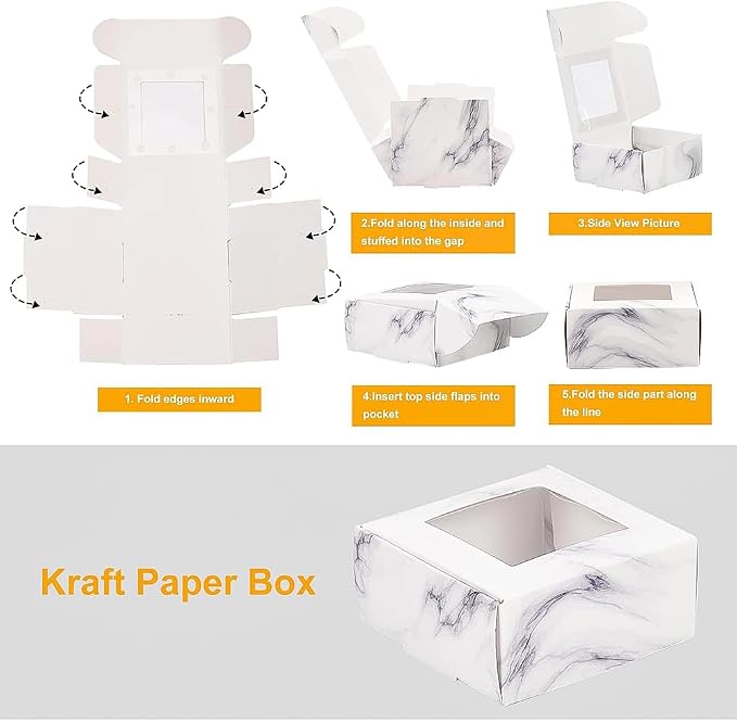 BENECREAT 30 Pack of Marble Cookie Boxes 6.5 x 6.5 x 3 cm with Window White Bakery Treat Boxes for Sweets, Small Objects