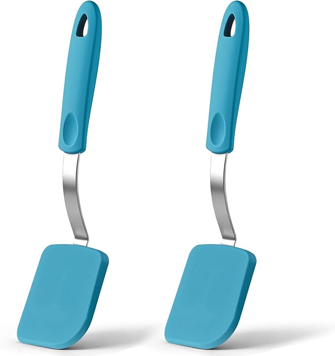 Silicone Cookie Spatula Turner 2 Pack Mini Brownie Spatula Flexible Kitchen Small Silicone Turner for Nonstick Cookware Heat Resistant No Scratch Flipper for Pancake(Solid Flat,Light Blue)