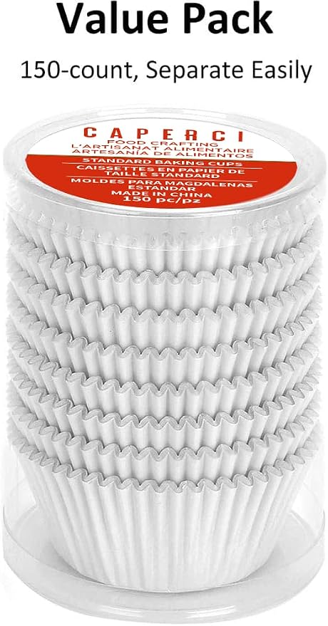 Caperci White Foil Cupcake Liners Standard Muffin Wrappers 150-Pack - Premium Greaseproof & Sturdy Cupcake Papers for Baking