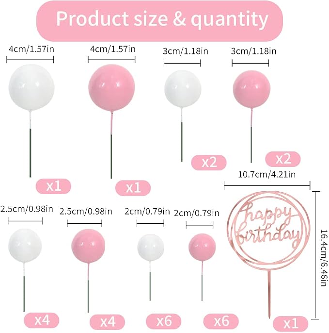 BEISHIDA 27 PCS Pink and White Ball Cake Topper Mini Balloons Cake Toppers Foam Ball Cupcake Toppers Happy Birthday Cake Insert Pick DIY for Anniversary Wedding Cake Decorations Baby Shower Party