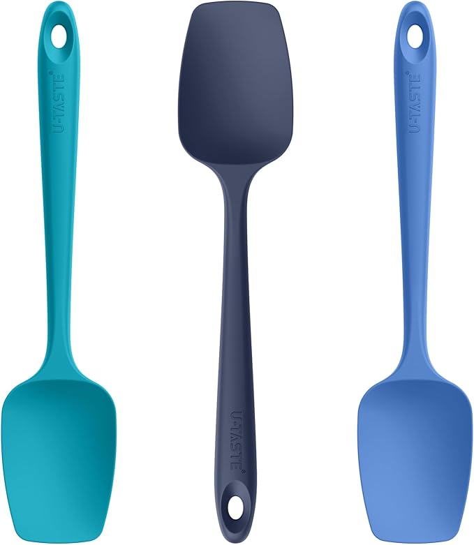U-Taste Silicone Spoon Spatula Set: 480ºF Heat Resistant Food Grade Flexible Rubber Spoonula, Nonstick Cooking Mixing Scooping Kitchen Baking Scraper Utensils Set of 3 for Pan, Pot, Bowl (Multicolors)