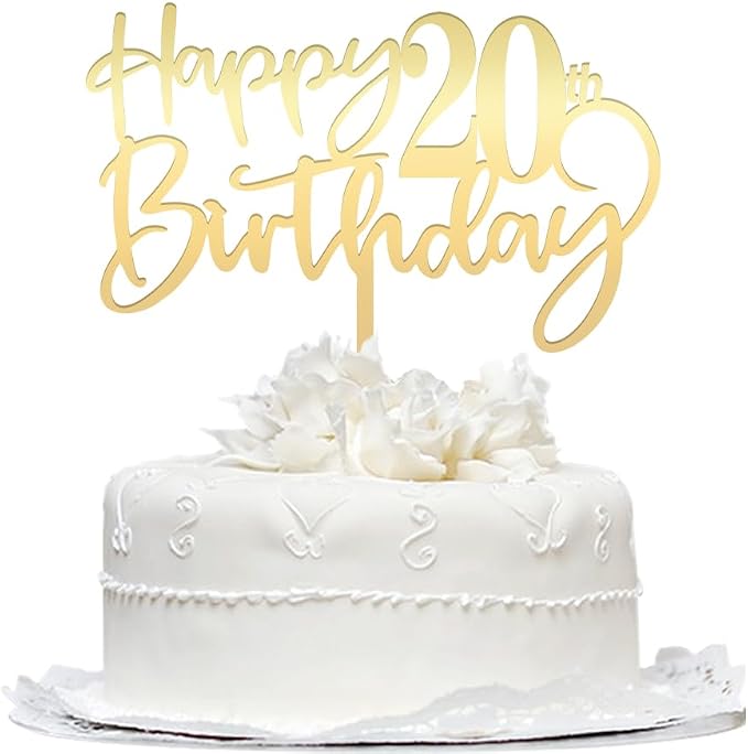 Happy 20th birthday cake Topper,Mirrored Gold Acrylic Durable Cake Topper,20th Birthday Party Cake Decorations,Hello 20th years old, Happy twenty years old, Birthday Party Decorations