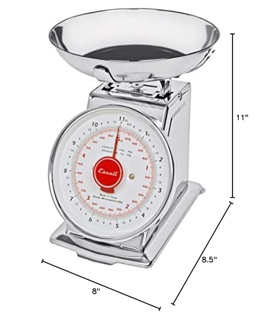 Escali DS115B Mercado Retro Classic Mechanical Dial Stainless Steel Scale, Removeable Bowl, Tare Functionality, 11lb Capacity, Stainless